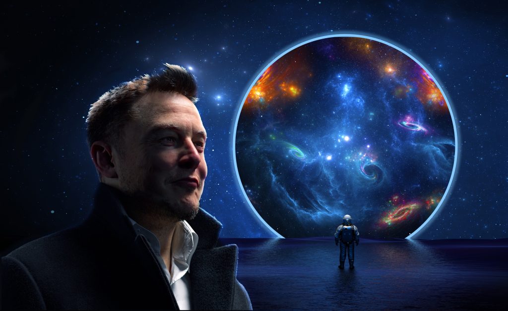 Elon musk standing in front of a large space filled with stars representing starlink.