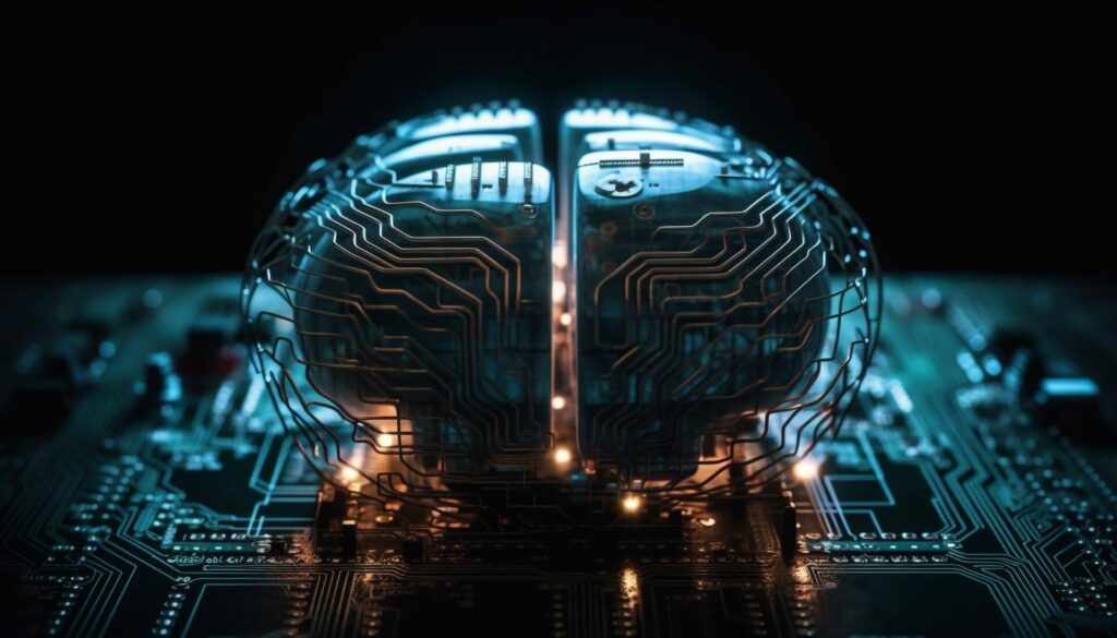Image of a circuit board designed to resemble a brain, depicting the intelligent software integration and vertical synchronization processes central to our software company's services.
