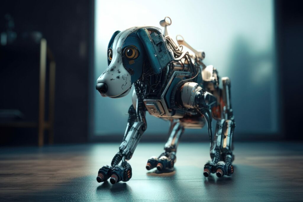 Robot dog symbolizing the innovative leap from legacy software to modernized systems, showcasing a perfect blend of technology and agility, an embodiment of software modernization at its finest.