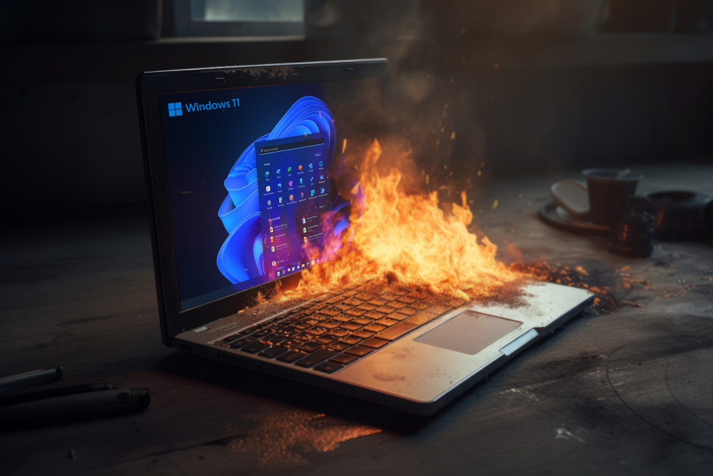 A windows 11 laptop on a table with a fire coming out of it.