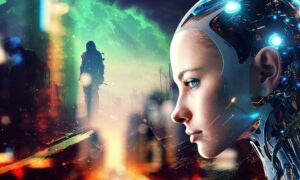 a woman with a futuristic head and a city in the background.