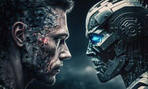 A man and a robot face to face representing the fight with AI.